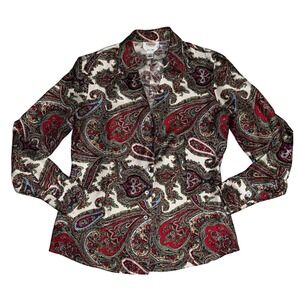 Talbots Pure Silk Paisley Button Down Blouse Red Green Blue Long Sleeve Size 10